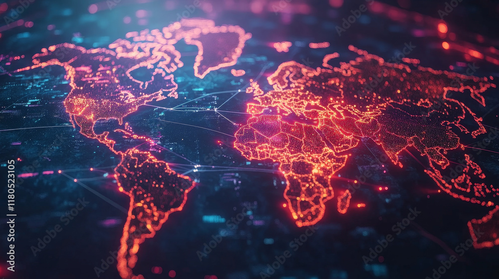 Poster high tech world map with glowing data streams and connections