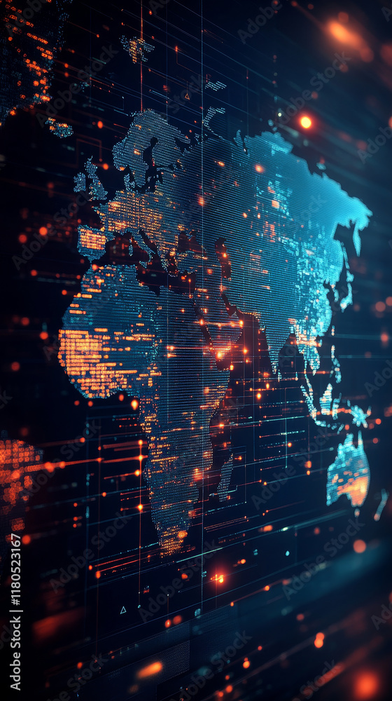 Poster digital world map with glowing tech elements and data streams