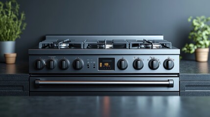 Obraz premium Modern gas stove with multiple burners and digital display.