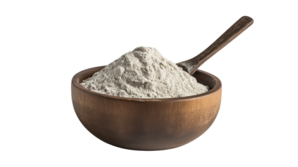Wooden bowl filled with flour, isolated on empty background.
