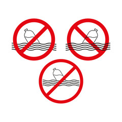 Plastic waste icon. No pollution symbol. Red prohibition sign. Water pollution warning.