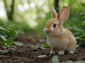 Fototapeta premium Rabbit in the garden, full-body portrait, real photo, natural light, background blur, green leaves and dirt ground, brown fur with white paws. Close-up of ears up to see the eyes. In front