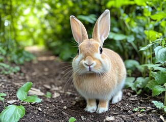 Fototapeta premium Rabbit in the garden, full-body portrait, real photo, natural light, background blur, green leaves and dirt ground, brown fur with white paws. Close-up of ears up to see the eyes. In front