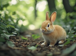 Fototapeta premium Rabbit in the garden, full-body portrait, real photo, natural light, background blur, green leaves and dirt ground, brown fur with white paws. Close-up of ears up to see the eyes. In front