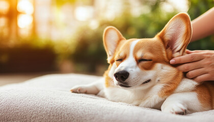 relaxed Corgi enjoying soothing leg massage in serene setting