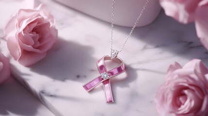 Delicate Pink Ribbon Necklace with Diamond Accent