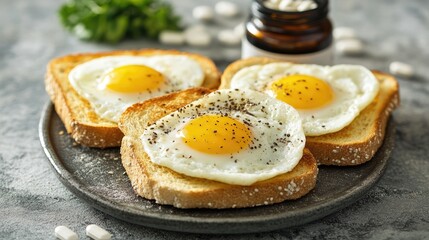A breakfast table with eggs, toast, and a bottle of calcium supplements for kids.