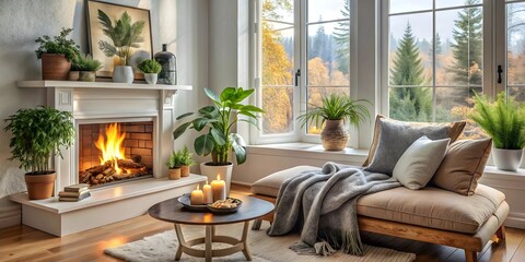 Obraz premium Scandinavian Living Room with Grey Chair and Fireplace, Modern Interior Design Inspiration