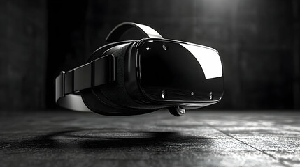 Fototapeta premium VR headset in mid-air, dark industrial setting, immersive experience, for technology presentations.