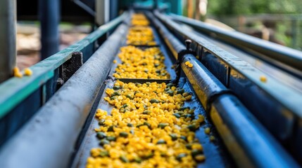 A close-up of cod livers being transferred into a processing machine for oil extraction.
