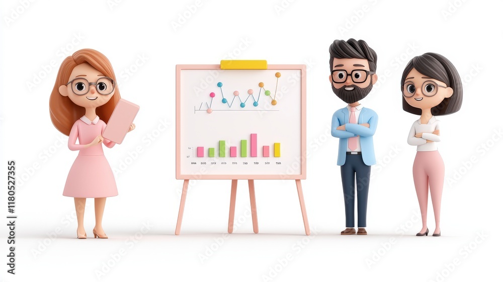 Poster cartoon characters presenting data on board with colorful graphs and charts in a professional settin