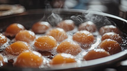 A close-up of golden Gulab Jamun balls glistening in aromatic sugar syrup.