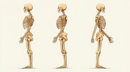 Three skeletal figures showing different postures correct, kyphosis, and scoliosis.