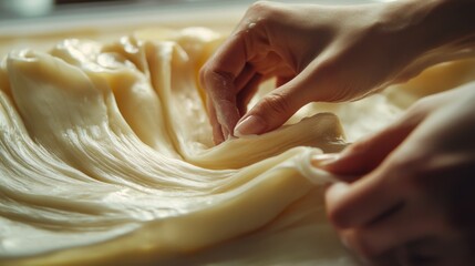 Hands expertly work with dough, stretching it with finesse and precision. This scene captivates with the artistry and craft of culinary creation.