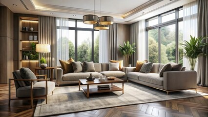 Naklejka premium 3D Render Luxury Modern Living Room Design - Fabric Sofa, Interior Design, Home Decor