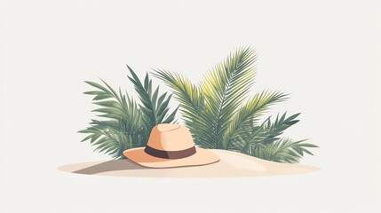 Obraz premium Straw hat resting on sand amidst tropical palm leaves.