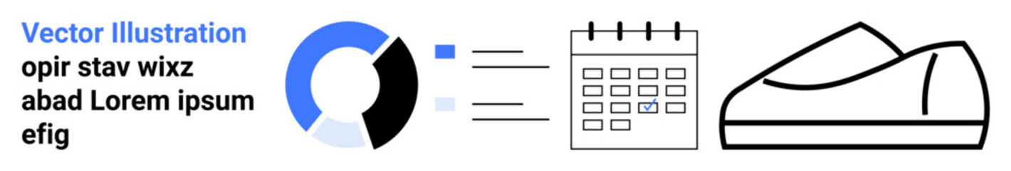 Circular analytics chart, calendar icon, and sports shoe highlight business insights, scheduling, and fitness. Ideal for corporate strategy, productivity, data analysis, fitness planning, wellness