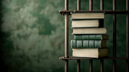Stack of Old Books Behind Prison Bars