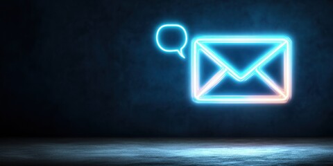Fototapeta premium Neon Email Icon with Speech Bubble, Glowing on Dark Background