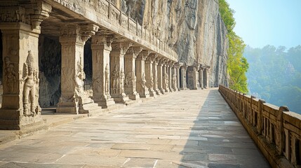 Fototapeta premium Ancient Rock-Cut Architecture Along a Scenic Mountain Path with Intricate Stone Sculptures and Columns