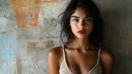 Fototapeta premium Woman, portrait, urban, wall, beauty, tan skin, makeup, fashion