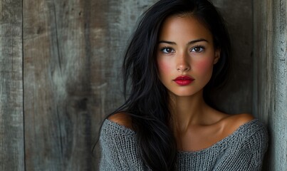 Fototapeta premium Woman, portrait, neutral background, casual wear, possible use for fashion, beauty, or lifestyle