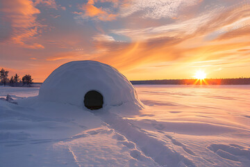 An Arctic Odyssey: The Sun Sets on an Igloo Amidst the Snow-covered Arctic Landscape