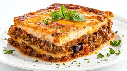 Delicious Layered Lasagna with Rich Meat Sauce and Fresh Basil Garnish on Elegant White Plate