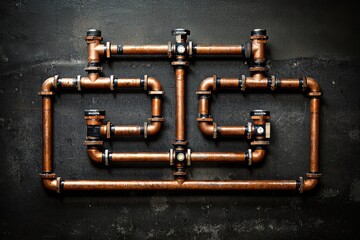 Fototapeta premium Copper pipe maze on a dark concrete wall. Industrial plumbing lines form a square frame and corridors. Symbol of problem solving and efficient workflow. Ideal for business strategy slides.
