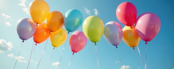 Group of colorful balloons floating in mid-air, happy, lively, playful