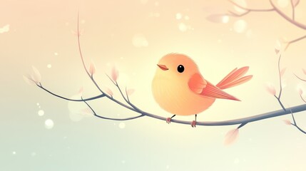 Cute orange bird perched on a blooming branch.