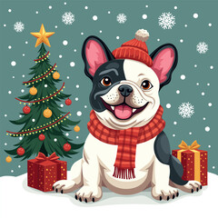 bulldog christmas on the background of a fir tree and gifts. vector illustration, art