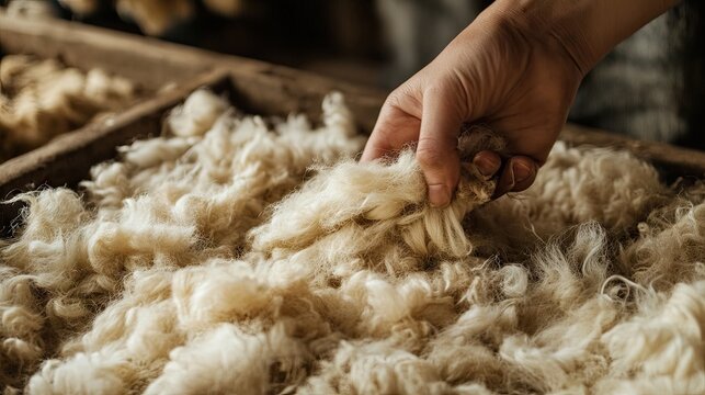 A hand sorting and cleaning raw flax fibers before spinning into linen thread. - Powered by Adobe