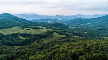 Fototapeta premium A stunning panorama unfolds, showcasing undulating hills and dense forests, stretching towards distant mountains under a muted sky.