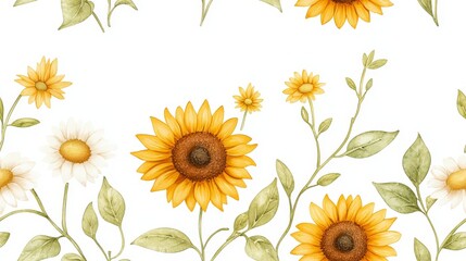 Beautiful Floral Pattern with Sunflowers and Daisies on a White Background for Design Projects