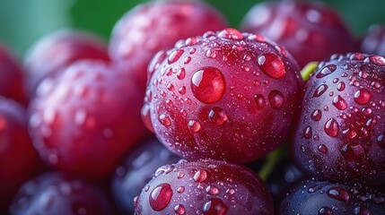 Red grapes, water droplets, close-up, juicy, delicious.