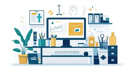 Modern doctor's office workspace with computer, charts, and medical equipment.