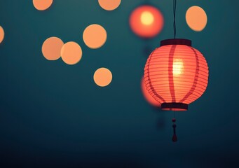 Obraz premium Red lanterns hanging in the sky, a Chinese New Year background with blurred red paper lamps. The festive atmosphere of traditional celebration for family and friends during the Spring Festival.
