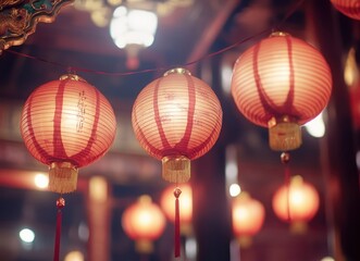 Obraz premium Red lanterns hanging in the temple at night, Chinese New Year background, real photo with high resolution. The ceiling of the place is decorated with red and yellow patterns. There were many people