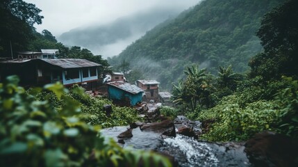 Mountain village with fog, river, and lush greenery.