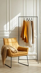 Mustard armchair with clothes on rack in sunlit room.