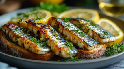 No text on the image. A high-resolution photograph of a tin of sardines in lemon confit, open to reveal 