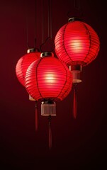 Obraz premium Red lanterns hanging on a dark red background, creating a Chinese New Year festival atmosphere. The style is minimalist, with a simple composition. The photography is high-resolution, with professiona
