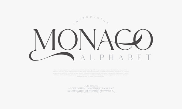 Monaco typography beauty fashion elegant minimalist serif italic fonts decorative wedding vintage retro logos. Minimal luxury font alphabet logo. Vector illustration