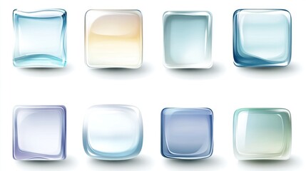 Collection of eight square glass buttons with various color gradients and reflections isolated on white background.