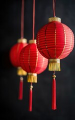 red lanterns hanging on the wall, Chinese New Year background, simple and clean, minimalist style, studio lighting, soft light, low contrast, dark solid color background, close-up shot with shallow
