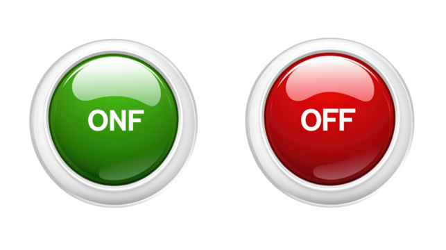 Glossy On Off Switch Buttons for Digital Interfaces and Website Design on white and transparent Background