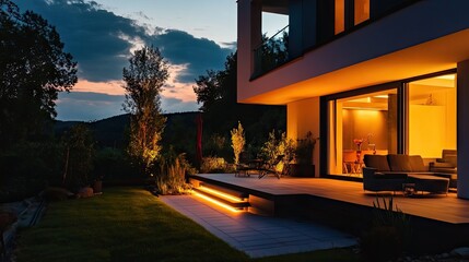 Fototapeta premium A modern patio lit up by backup energy during a quiet evening outdoors.