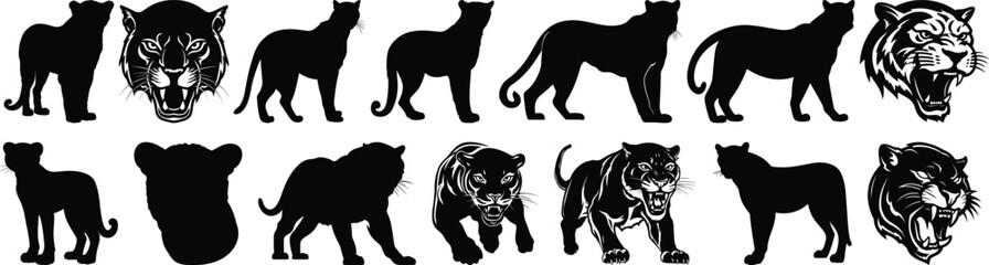 Panther silhouettes set, animal pack of vector silhouette design, isolated background