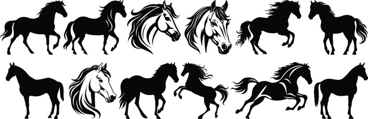 Horse silhouettes set, stallion pack of vector silhouette design, isolated background
